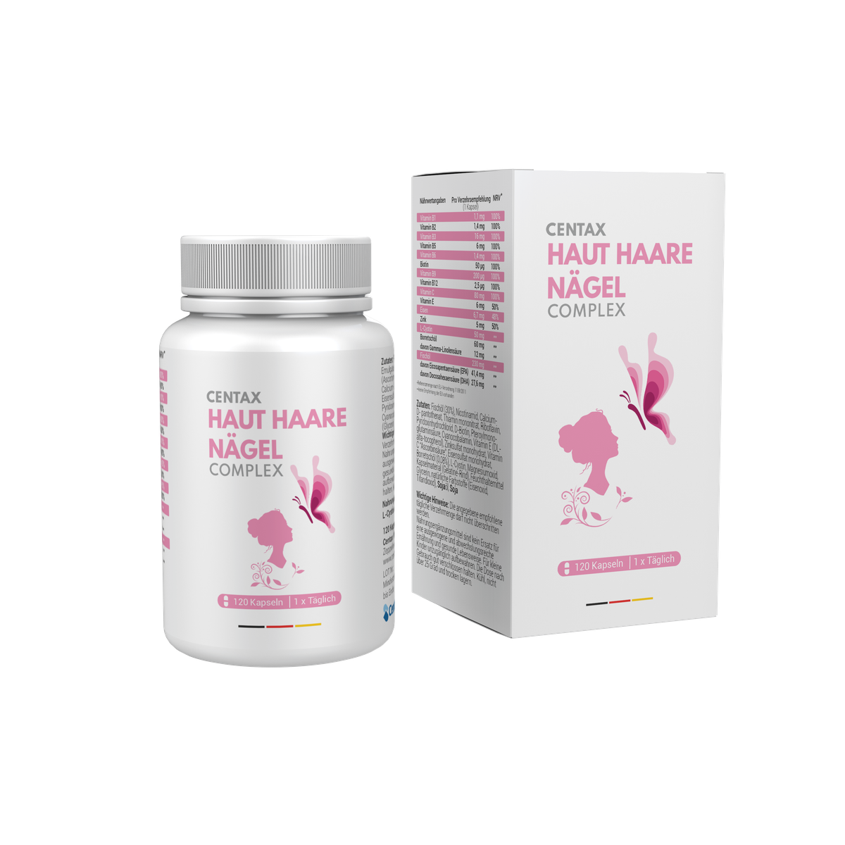 Centax Haut Haare Nägel Complex jar and box, 90 capsules